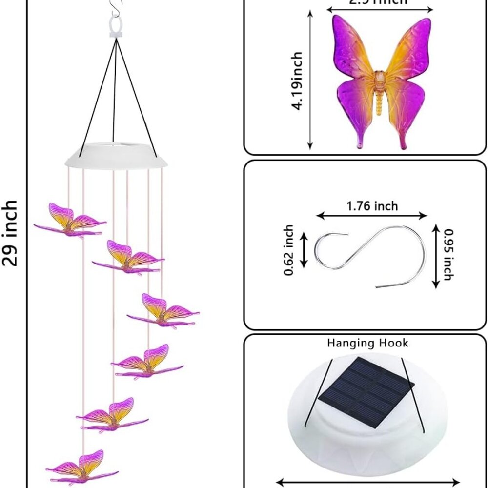 Solar Butterfly Wind Chimes, Color Changing Solar Wind Chimes For Outside, Led W View 2